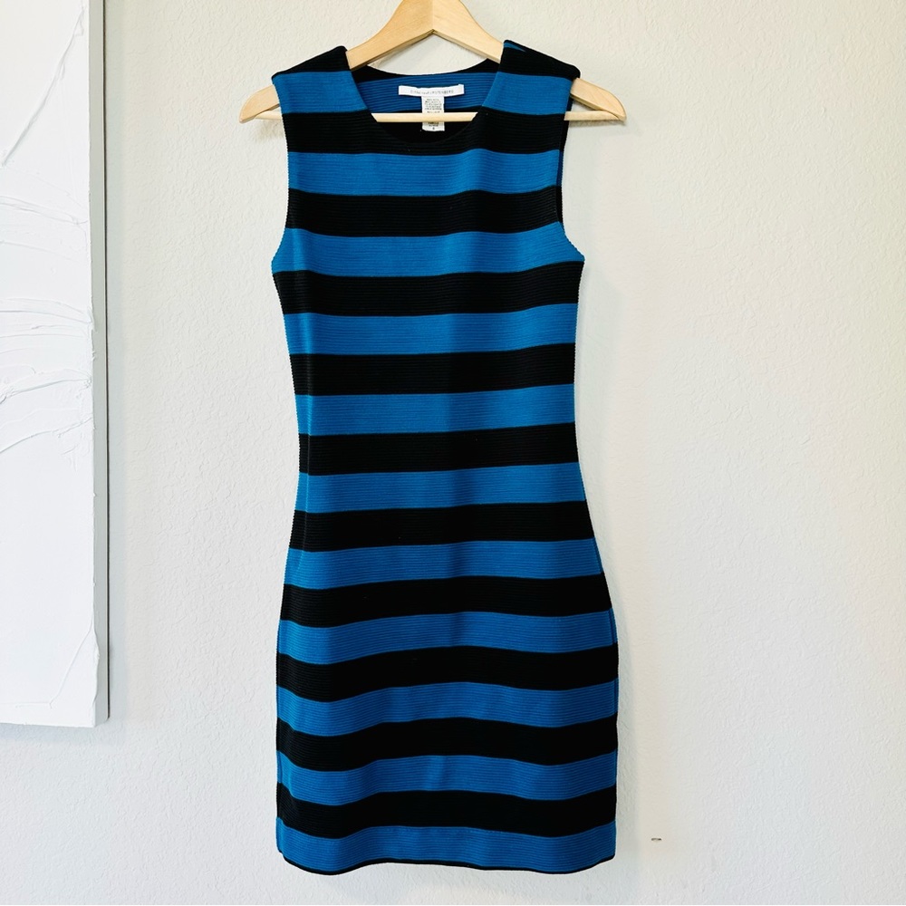 Diane von Furstenberg Blue-Black Striped Textured Wool Rigmora Dress - Picture 4 of 10